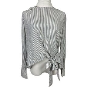 By Together Women's Gray Striped Tie Front Long Sleeve Blouse S Casual